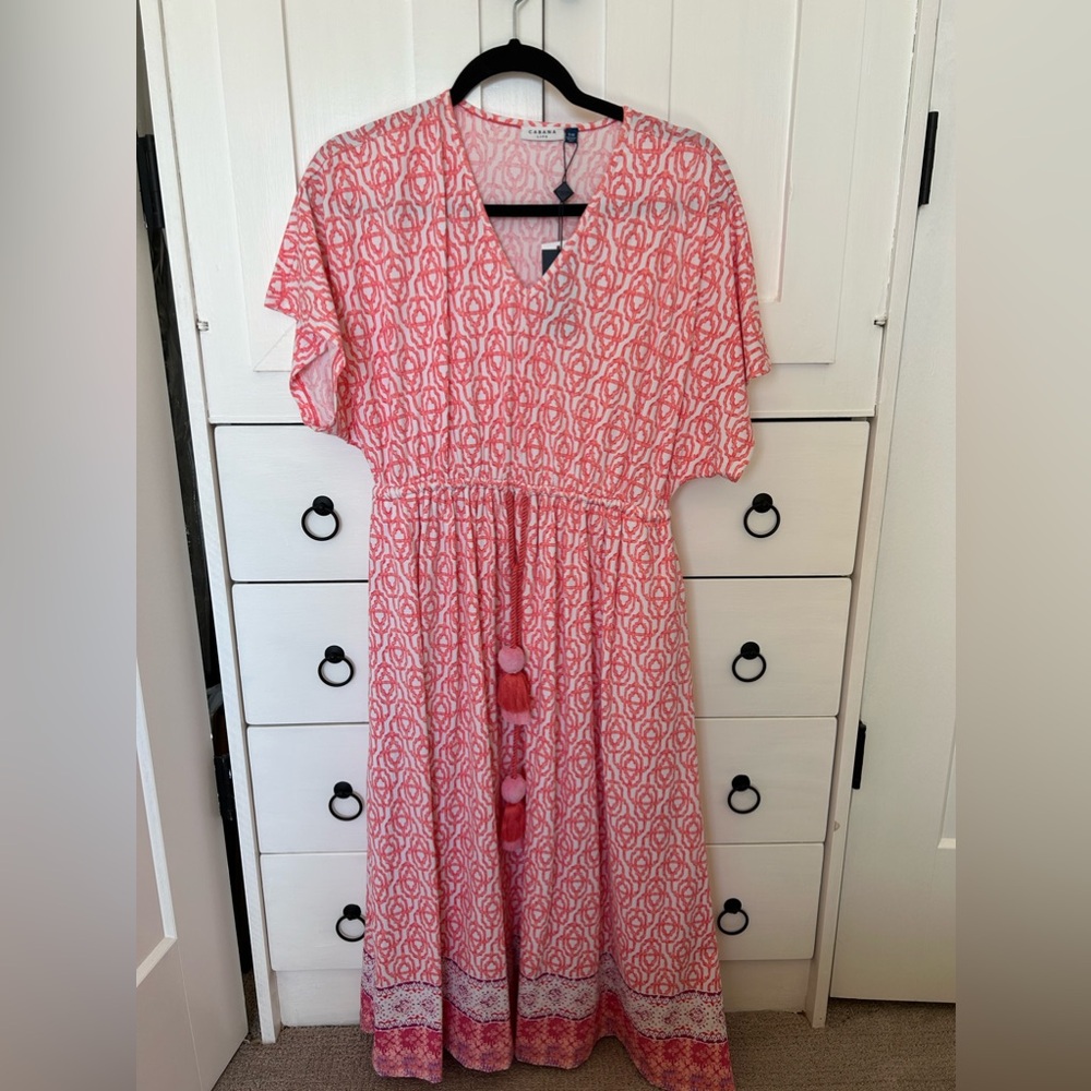 Cabana Life coral print drawstring waist dress with tassels